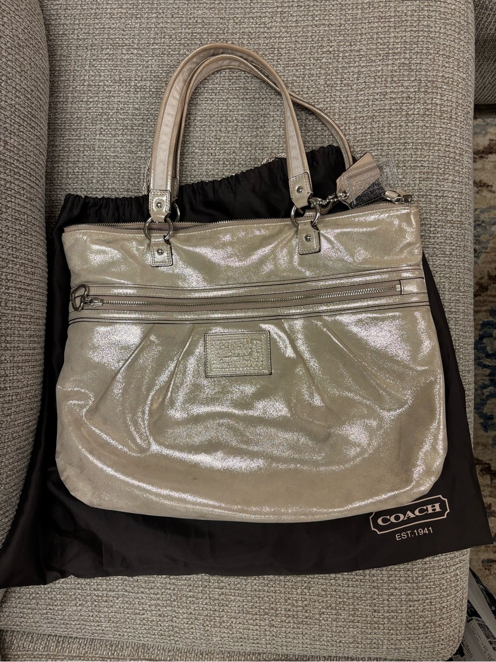 Coach Poppy Glam Tote Bag Metallic Champagne Large Shoulder Bag Y2K